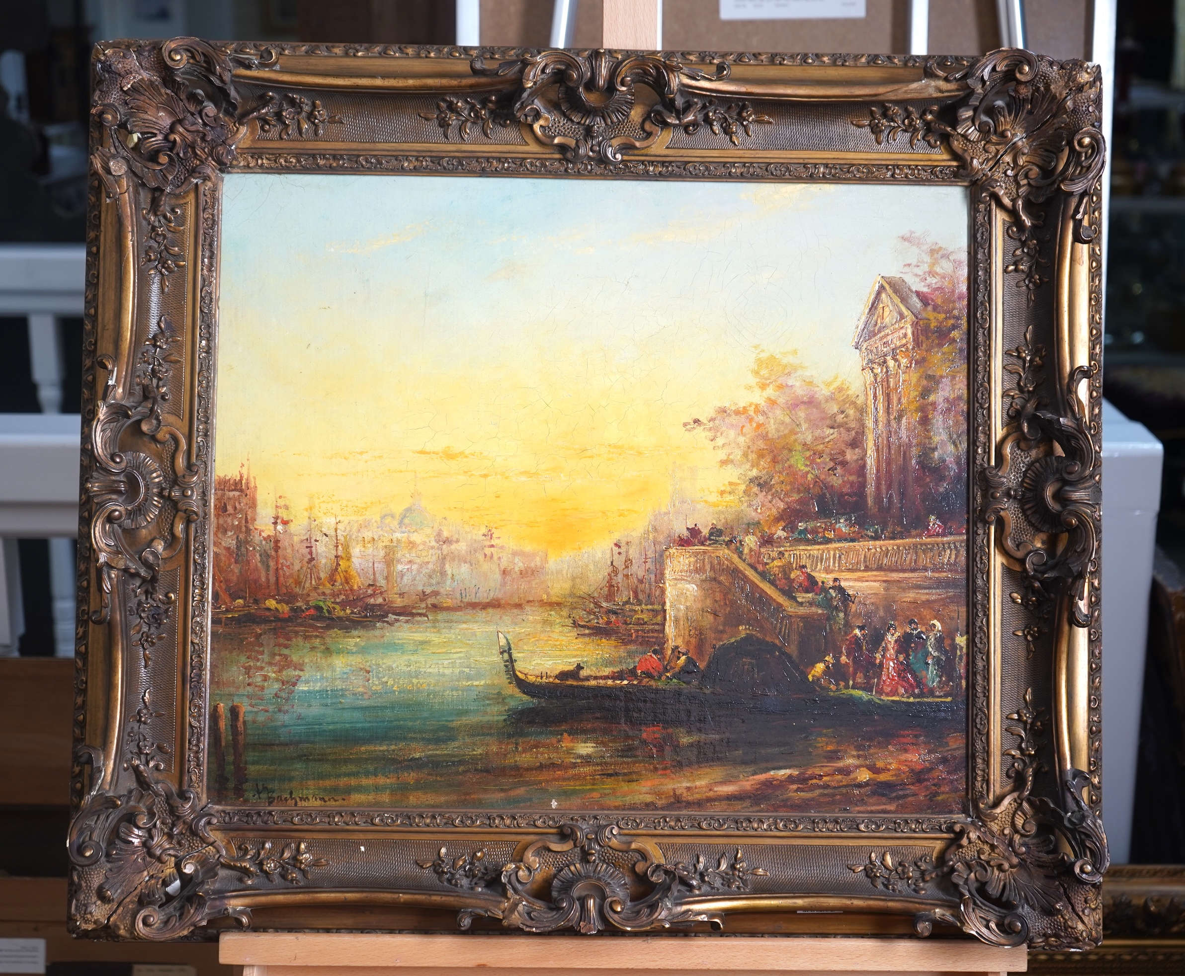 Alfred August Bachmann, German 1863-1956, Venetian canal with gondola